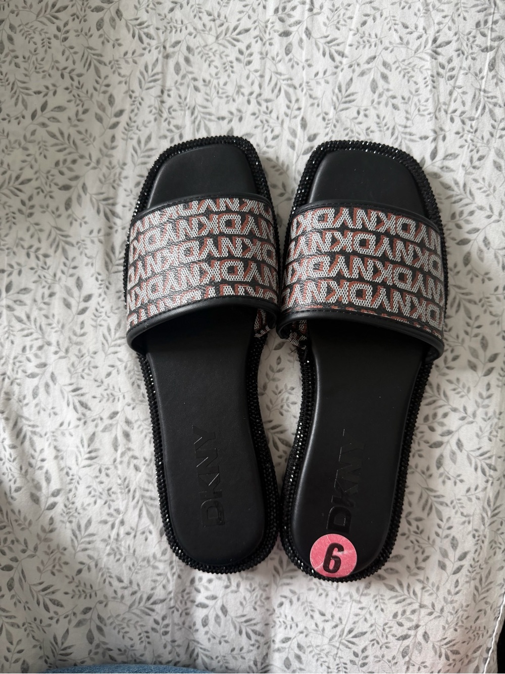 DKNY Black Slide Sandals with Branded Multicolor Strap